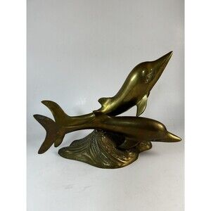 Brass Dolphins Tabletop Statue Figurine 9” Patina See Pics